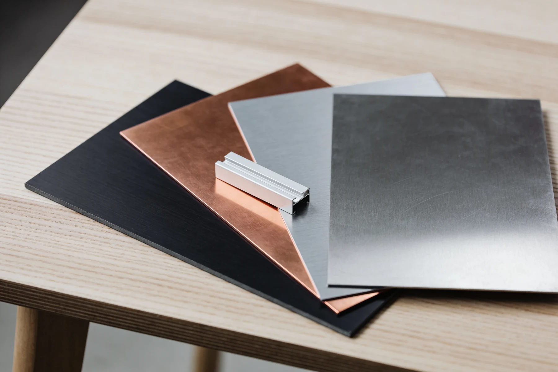 Musterstücke aus Kupfer, Titanzink, Aluminium und Edelstahl auf einem Holztisch
