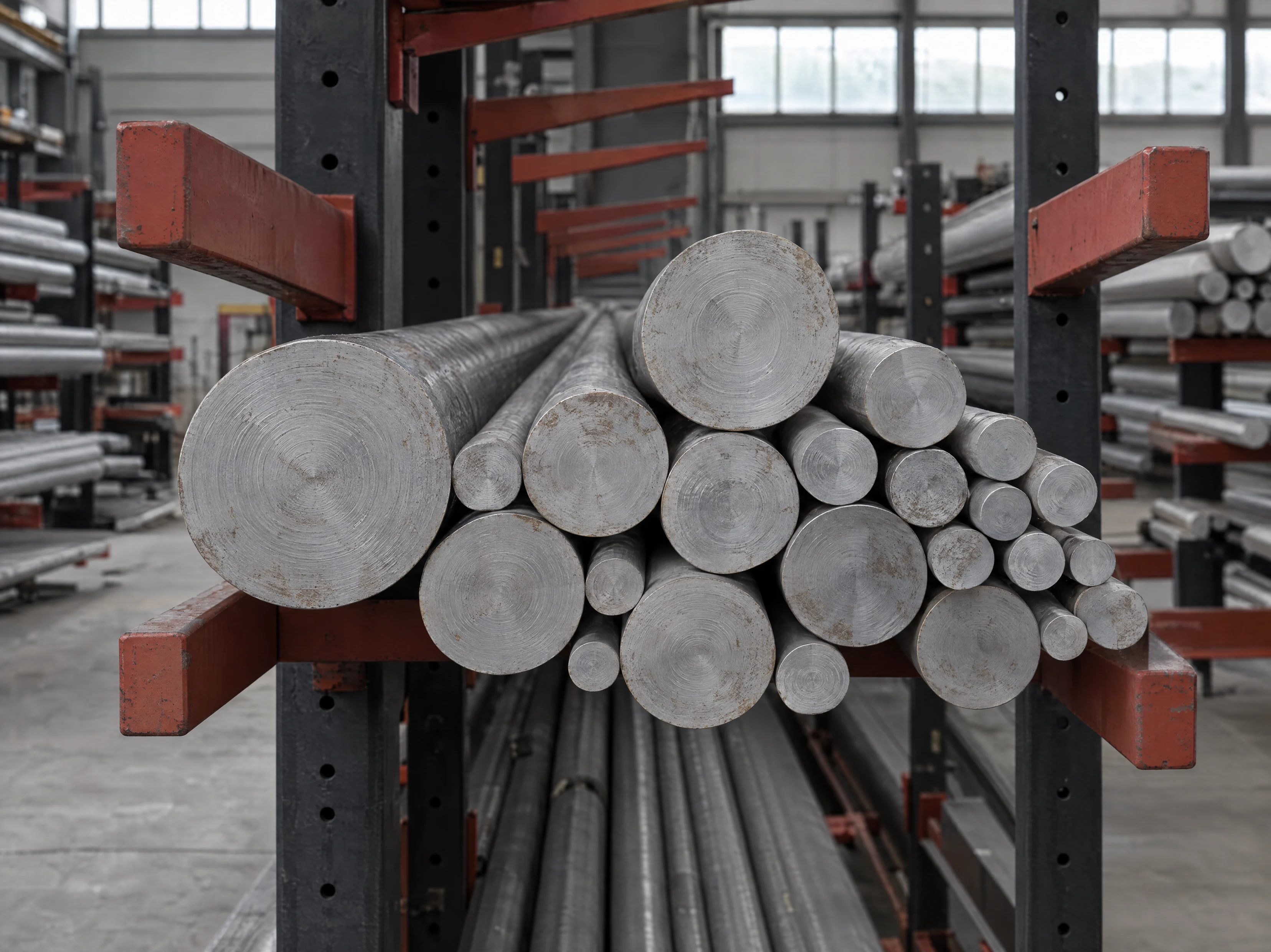 Bündel Aluminium-Rundstangen im Kragarmregal