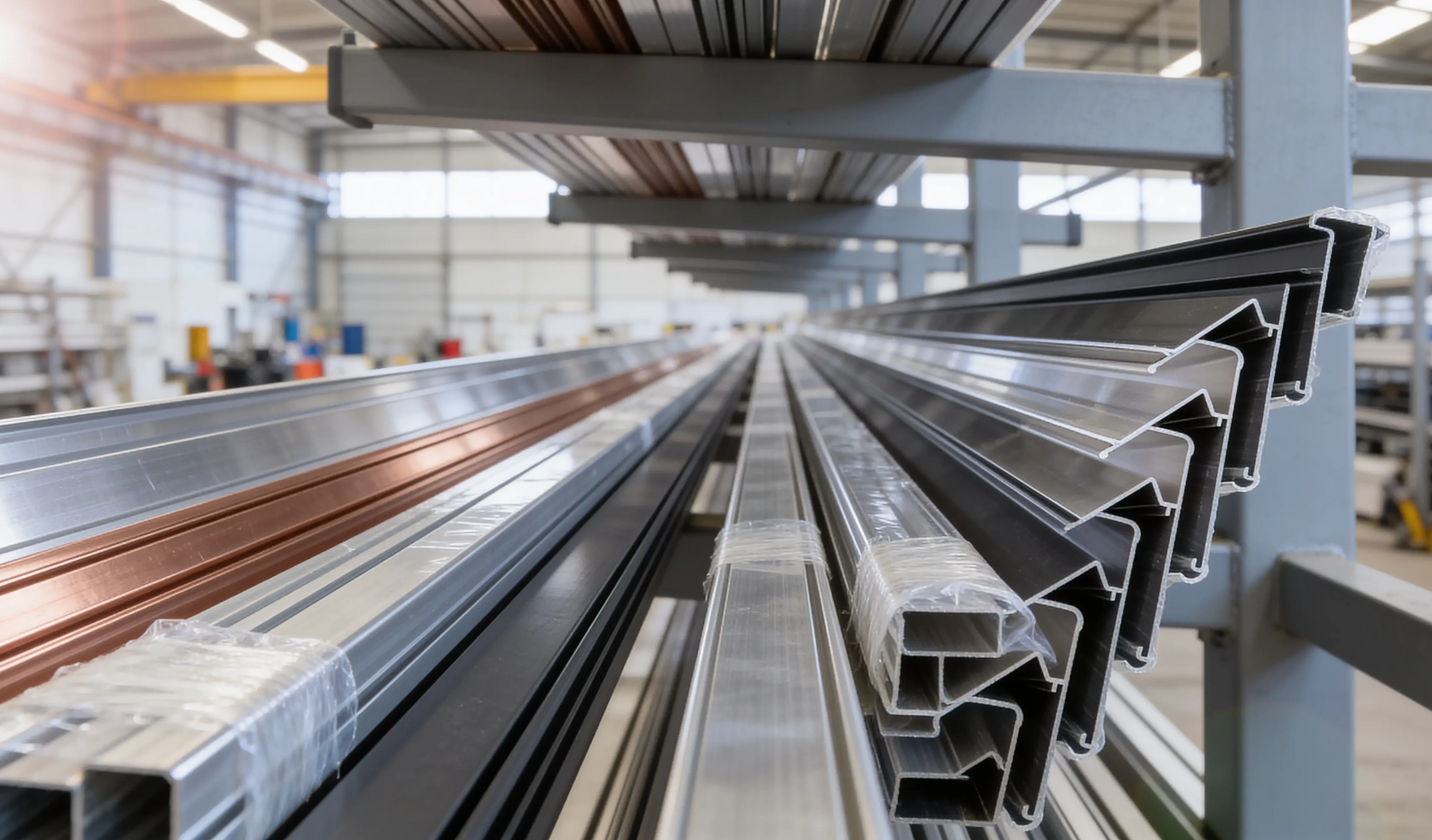 Lange Aluminiumprofile mit Schutzfolie auf einem Kragarmregal