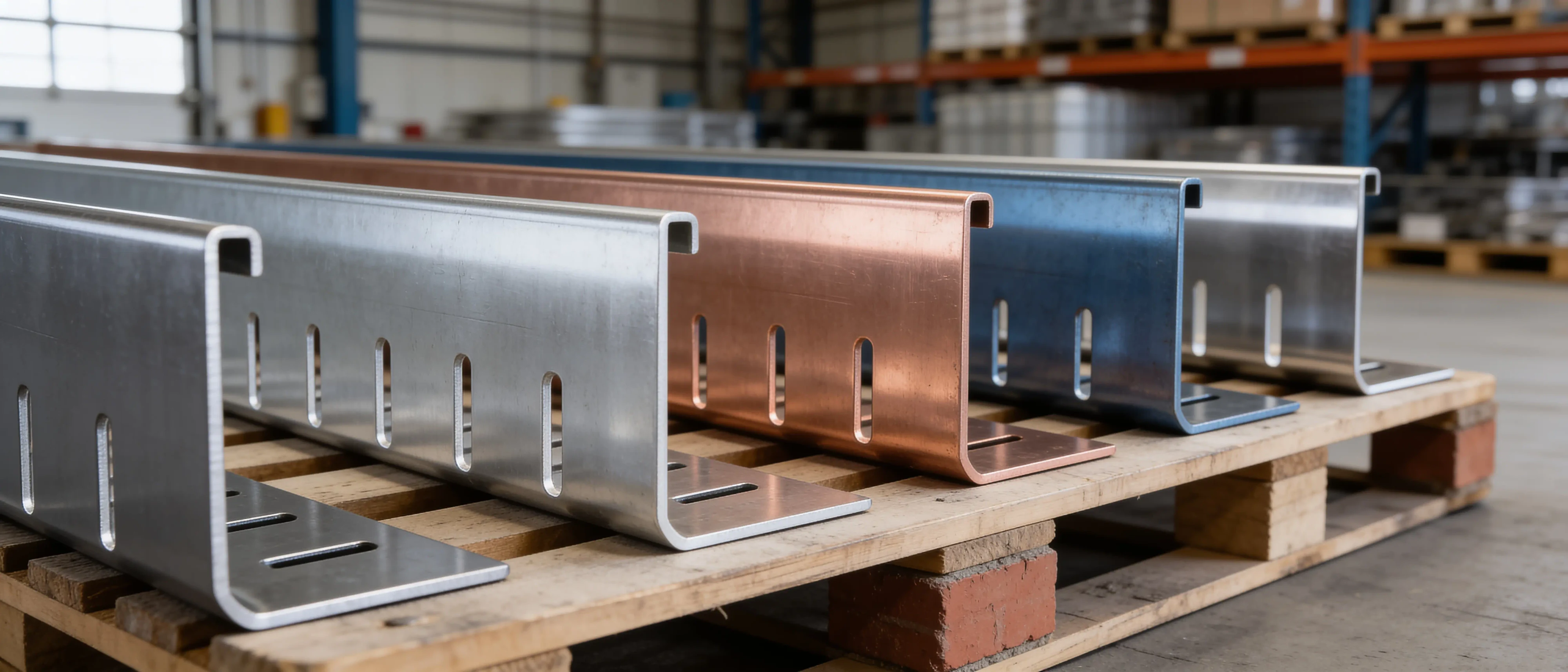 Geschlitzte Leisten aus Aluminium, Kupfer, Zink und Edelstahl auf einer Palette