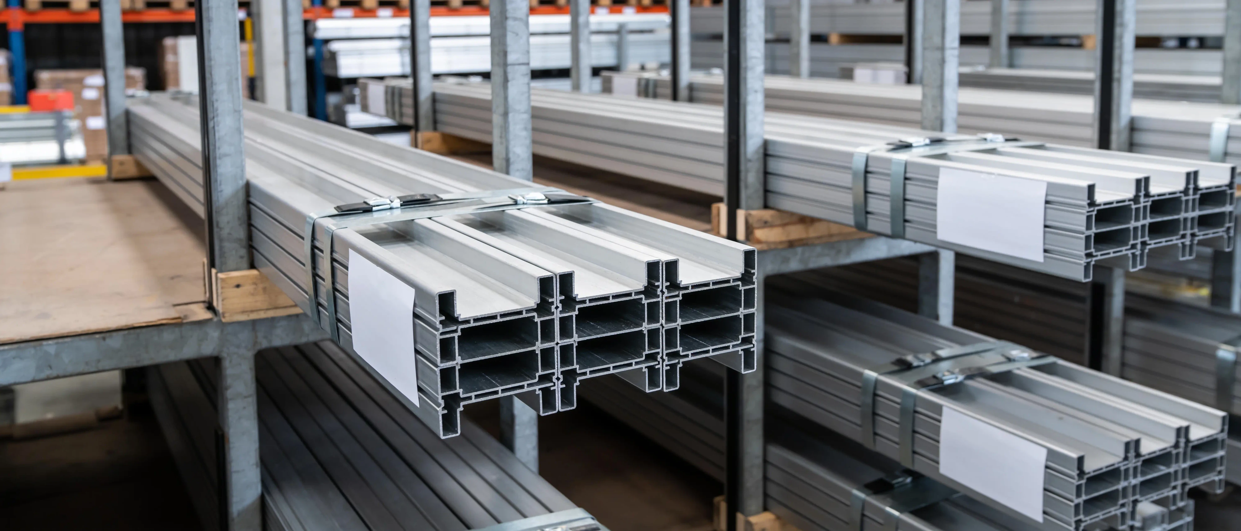 Aluminiumprofile mit weißen Etiketten in Kragarmregalen