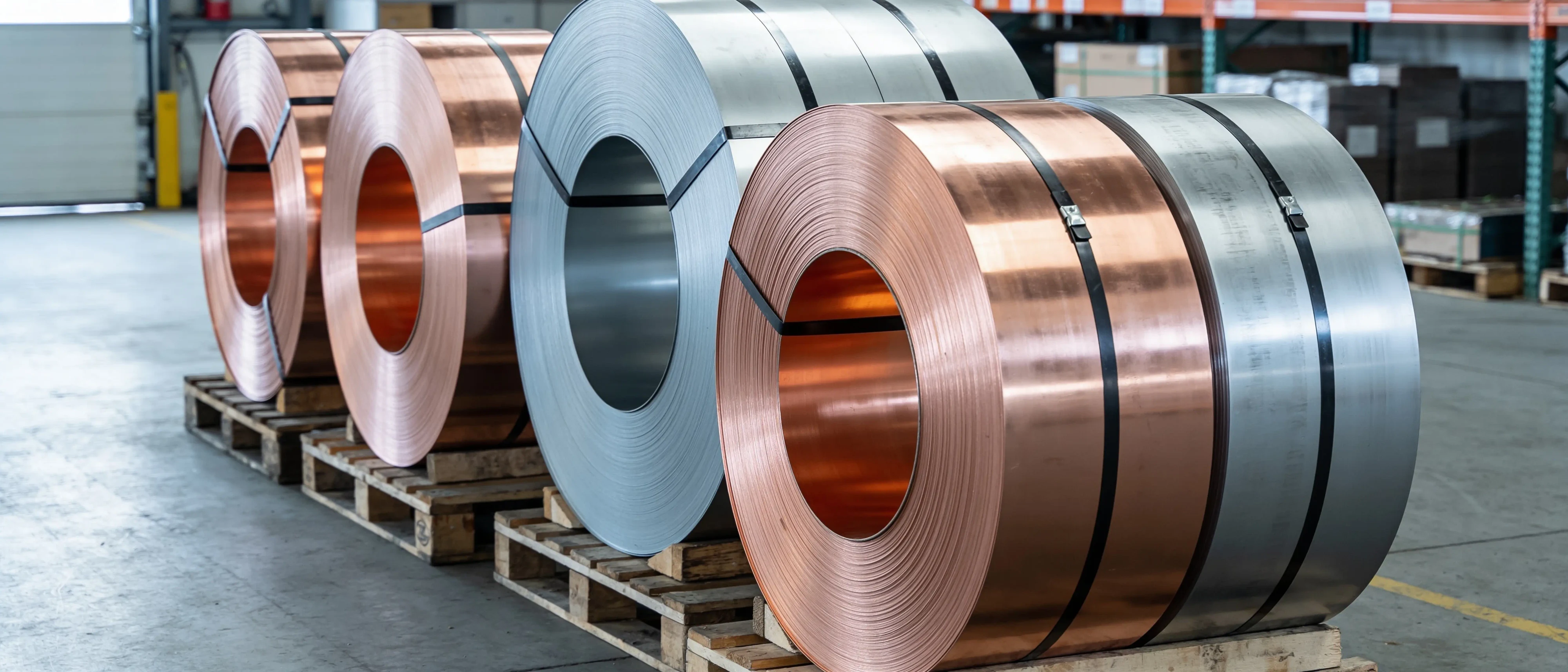 Coils aus Kupfer-, Titanzink- und Aluminiumband nebeneinander auf Paletten