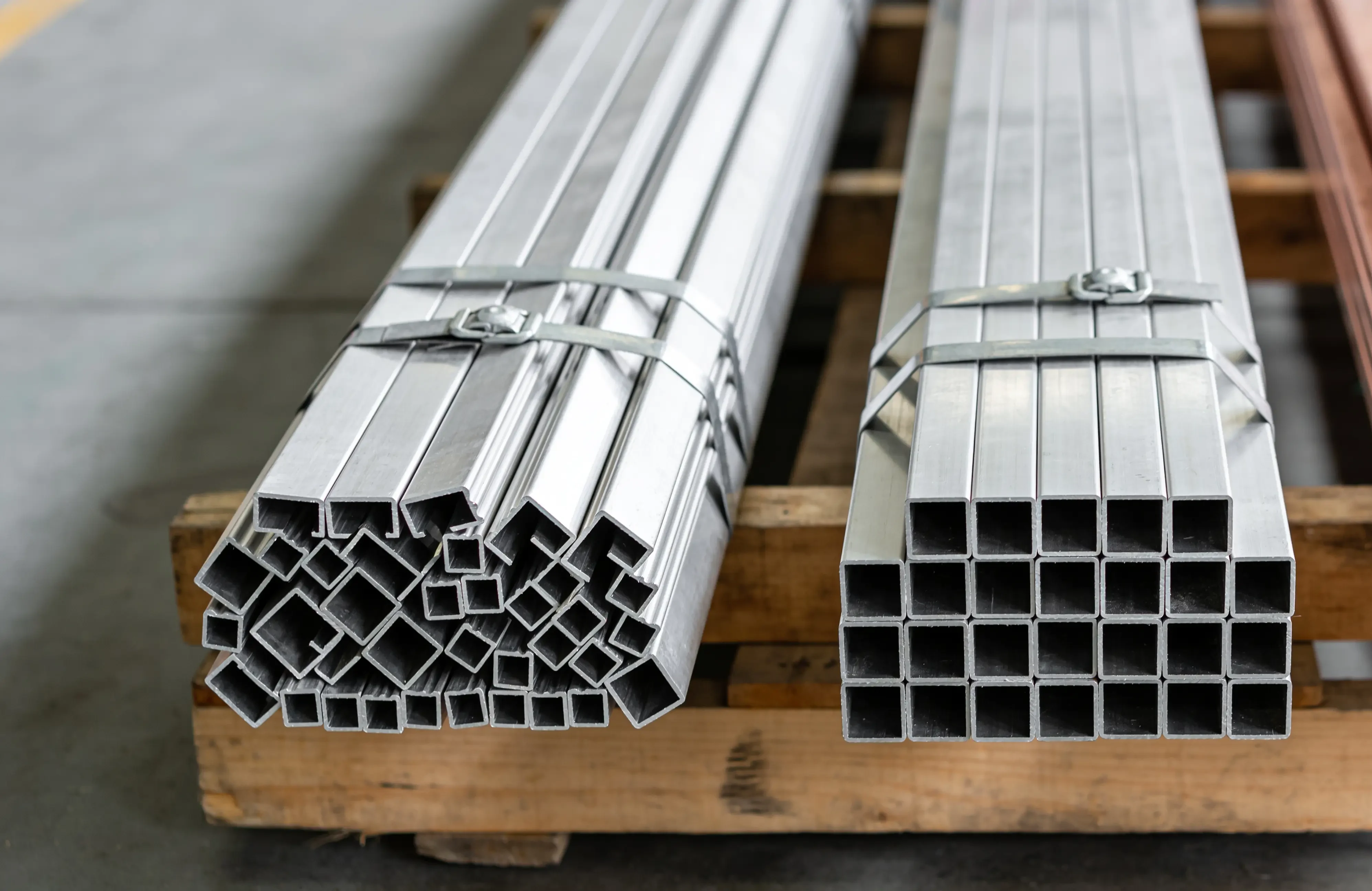 Umreifte Bündel Aluminium-Vierkantrohre auf einer Palette