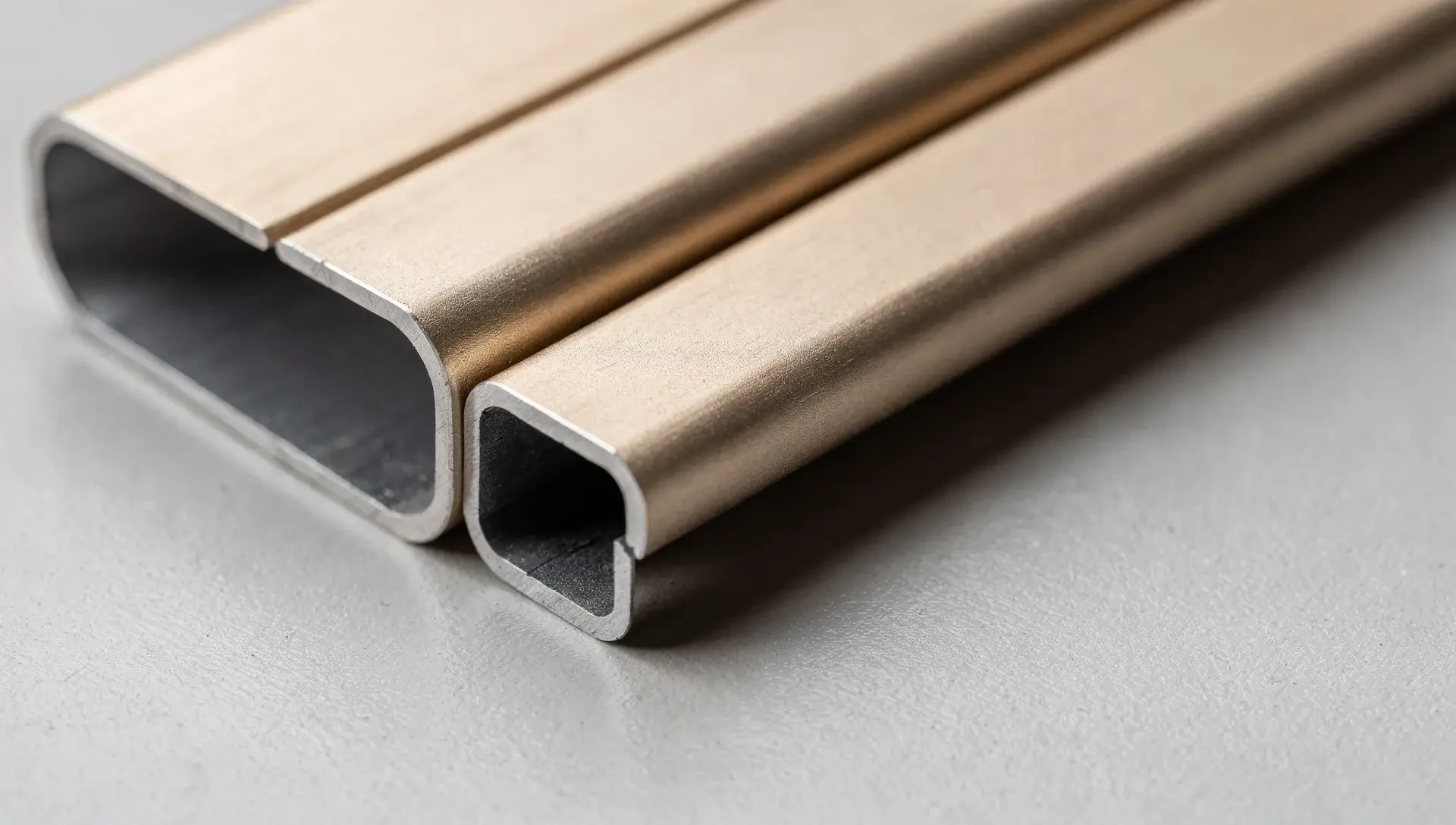 Eloxierte Aluminiumprofile in Champagner, Makroaufnahme über die Kanten