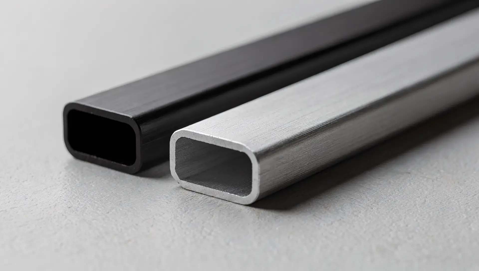 Schwarz und natur eloxierte Aluminiumprofile nebeneinander, Makroaufnahme