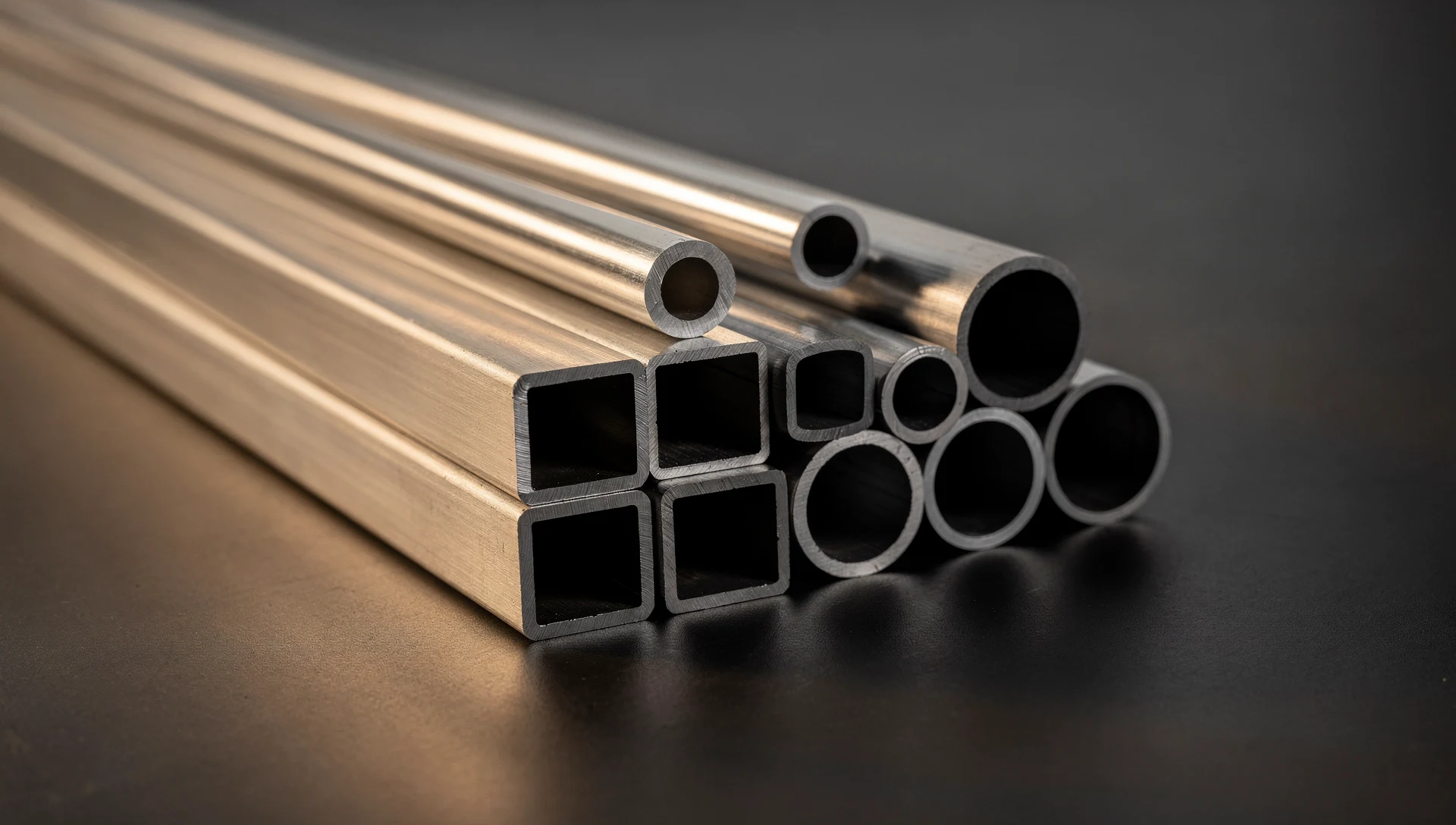 Bündel Aluminium-Rundrohre und Quadratrohre, Blick auf die Rohrenden