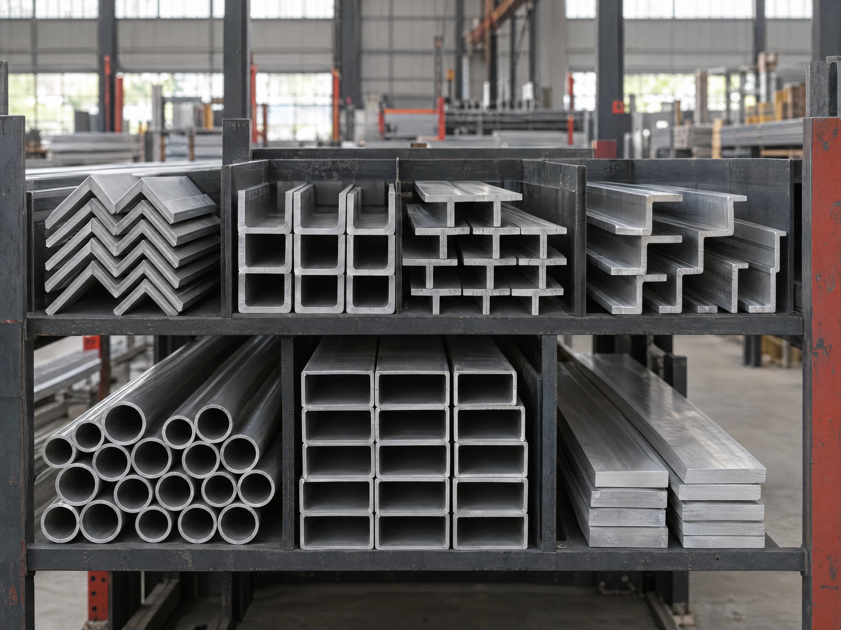 Aluminium-Standardprofile sortiert im Regal: Winkel, Rohre, U- und T-Profile