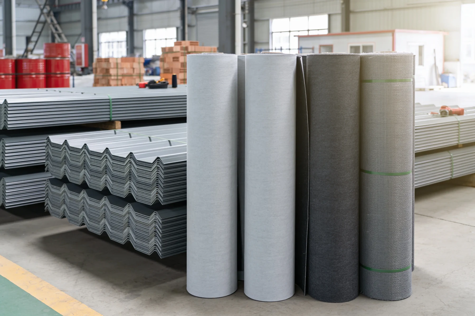 Rollen Dachbahn in Hell- und Dunkelgrau vor gestapelten Blechen