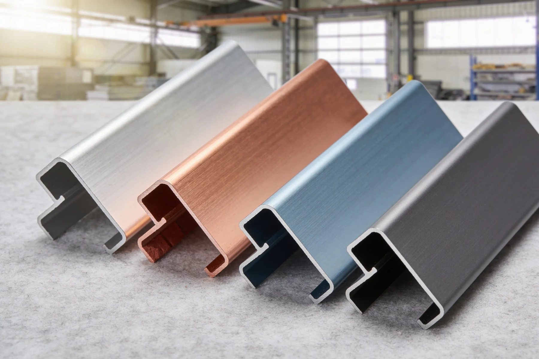 Kurze Profilstücke in Aluminium, Kupfer, Titanzink und Anthrazit nebeneinander