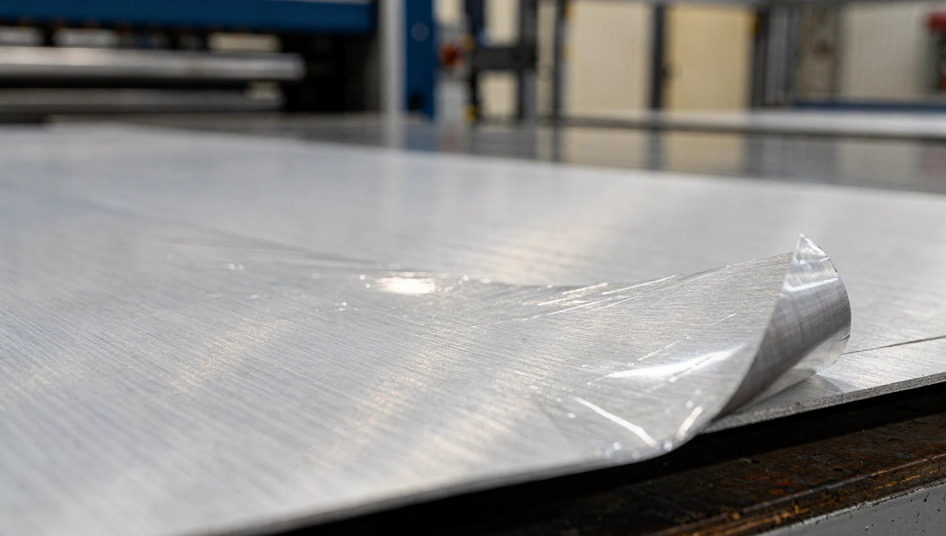 Gebürstetes Aluminiumblech, die Schutzfolie an der Ecke halb abgezogen